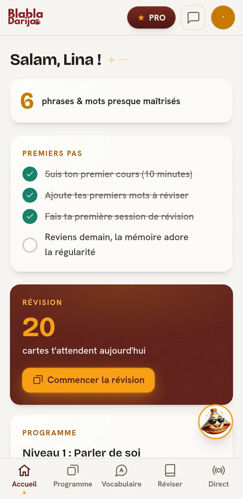 L'écran d'accueil réel de la plateforme : Salam Lina, 20 cartes à réviser aujourd'hui