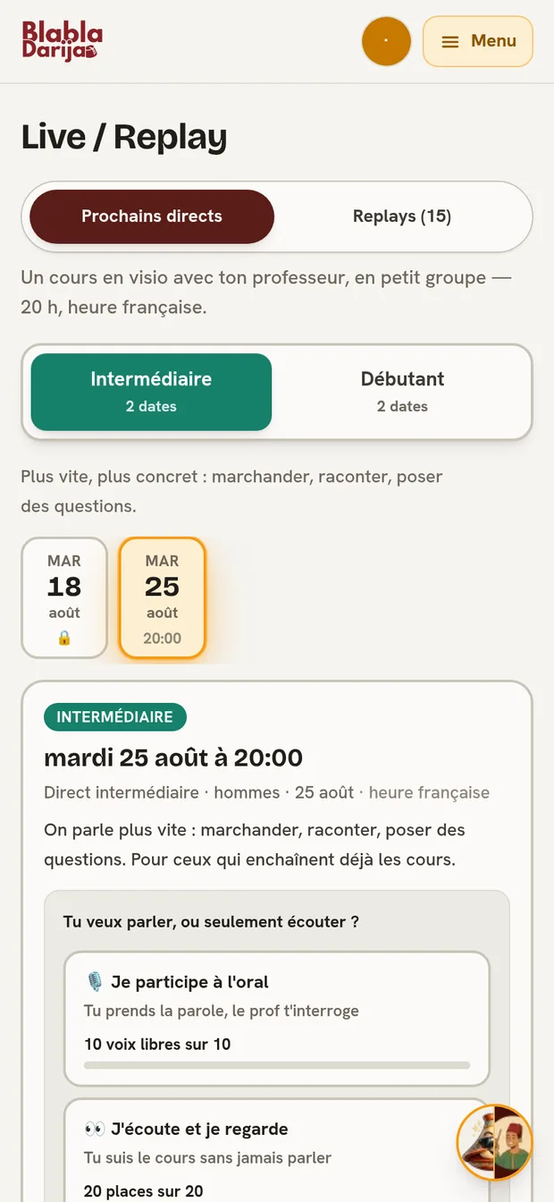 L'onglet des directs, avec l'inscription libre
