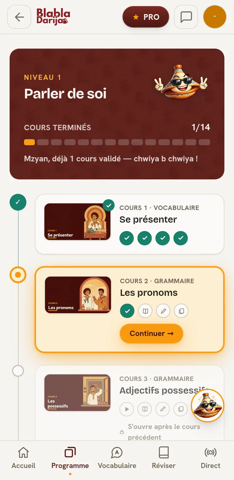 Écran du parcours : la jauge du niveau 1 et les cours qui se débloquent dans l'ordre