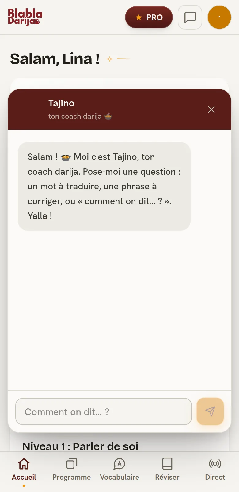 Écran de Tajino : la conversation avec le tuteur IA qui répond en darija