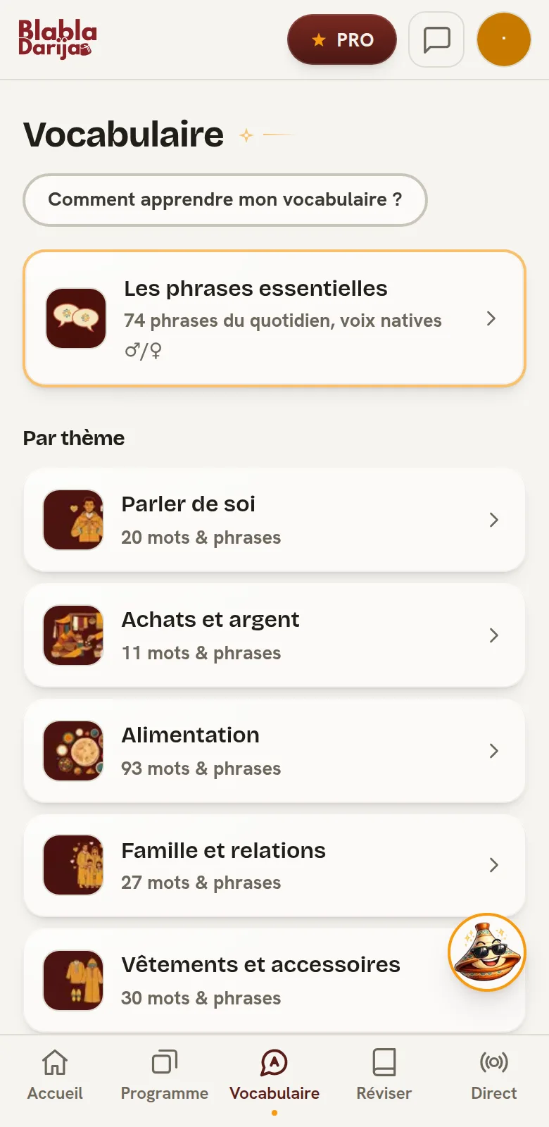 Écran du vocabulaire : les phrases essentielles et les catégories par thème avec leurs illustrations
